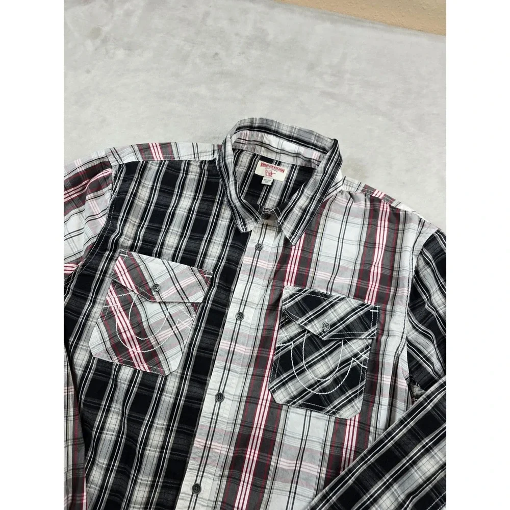 True Religion Western Utility Shirt Mens 2XL Black White Red Plaid Cotton LS